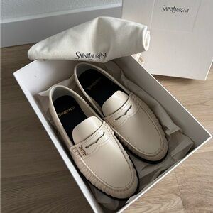 Saint Laurent Cream Leather Penny Loafers - Women's Flats